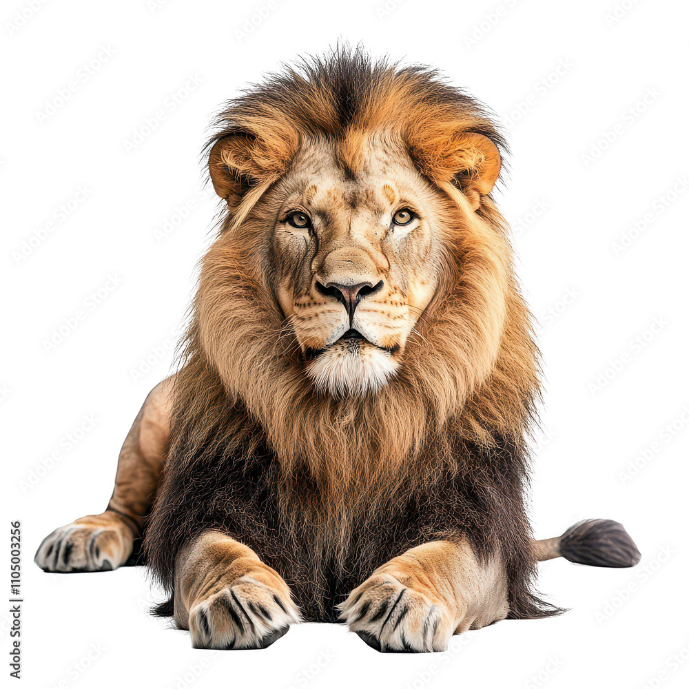 Poster a regal lion resting calmly on a transparent background during the day, a lion laying down on a tran