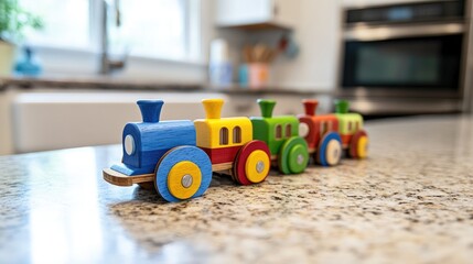 Fototapeta premium Colorful Wooden Train Toy on Kitchen Countertop in Bright Environment