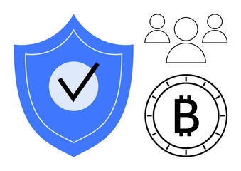 Blue shield with check mark, three user icons, and Bitcoin symbol. Ideal for online security, cryptocurrency, financial services, teamwork, digital transactions, user authentication, fintech. Line