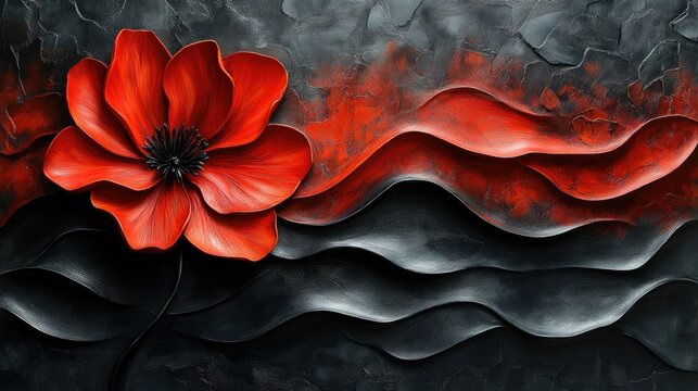  camellia flower its rich red petals vibrant against the charcoal textured backdrop.