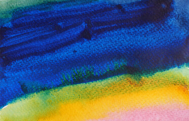 Abstract background and texture pattern blue with yellow with red with oramge and green color flow, Illustration watercolor hand draw and painted on paper