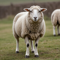 Obraz premium A Fluffy Sheep in a Pastoral Setting: A Close-Up Portrait of a Sheep in a Field