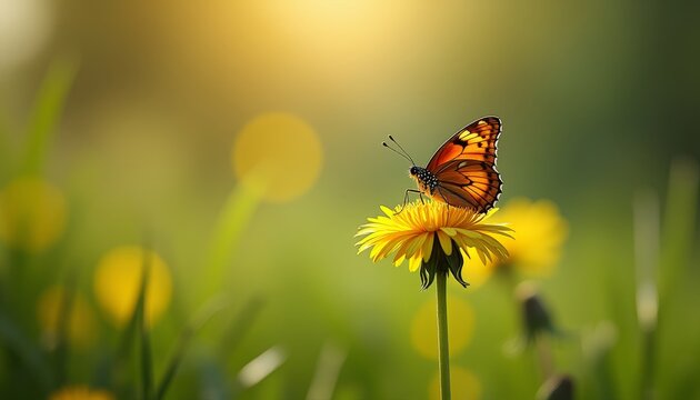 Orange butterfly on yellow flower in field
