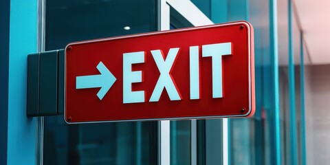 A bright red exit sign with an arrow pointing right, indicating the way to leave a building or area.