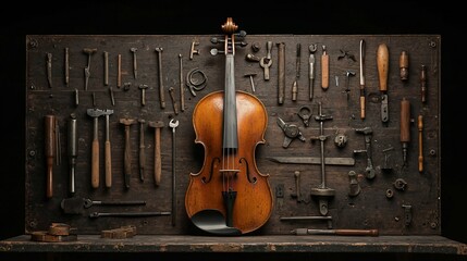 Naklejka premium Antique violin amidst vintage woodworking tools on dark wood.