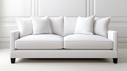 Fototapeta premium clean white sofa with plush cushions and decorative pillows, perfect for modern living spaces. Its elegant design enhances any room aesthetic