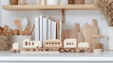 Wooden Toy Train Set on Minimalist Shelf in Cozy Environment