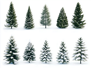 Obraz premium Collection of Christmas trees with snow isolated on a white background