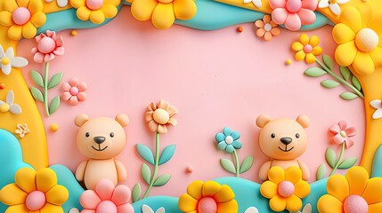 A 3D illustration of two teddy bears surrounded by flowers on a pink background.