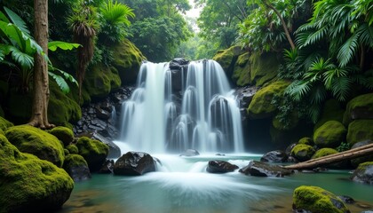 Obraz premium Waterfall cascading in lush jungle with vibrant green moss-covered rocks