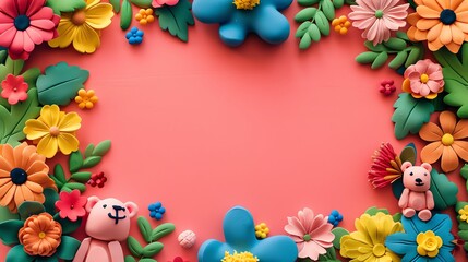 Two teddy bears made of clay, framed by colorful flowers on a pink background.