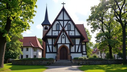 Fototapeta premium Traditional church with pointed roof under blue sky