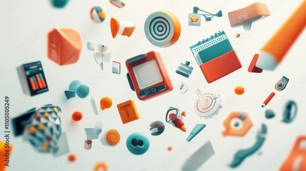 Poster abstract colorful three dimensional shapes floating in air