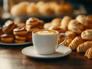 A delicious cup of coffee served with assorted pastries for a delightful breakfast.
