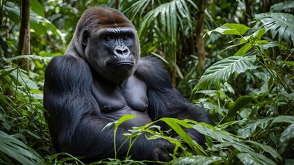 Fototapeta premium Majestic Pause: Cross River Gorilla Resting in the Heart of the Dense Forest