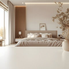 Fototapeta premium Minimalist Bedroom Interior with White Table and Dried Flowers