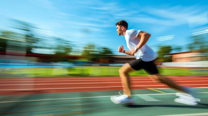 A man is running on a track in a blurred, motion shot.