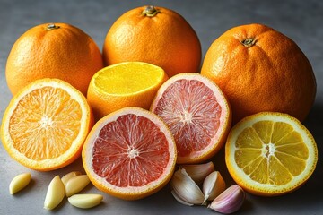 Fototapeta premium Immunity-boosting foods such as citrus, garlic, and turmeric styled neatly , highlighting wellness themes.