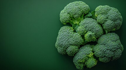 Vibrant green broccoli heads isolated on a rich green backdrop, top-down view with bright tones and crisp lines.