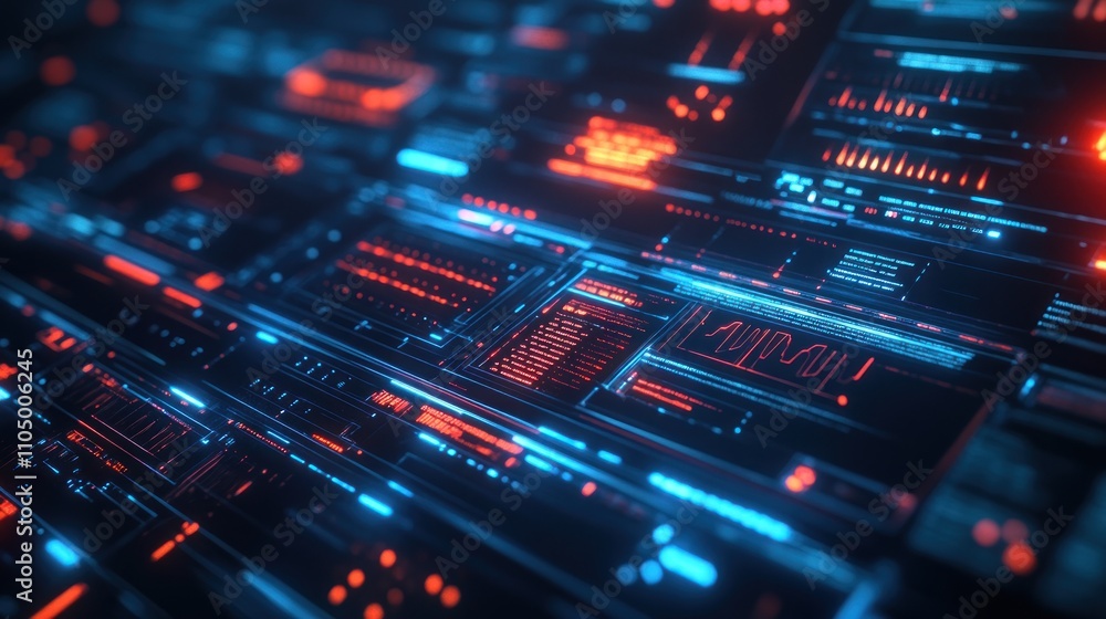 Poster abstract digital interface with glowing blue and red lines and data.