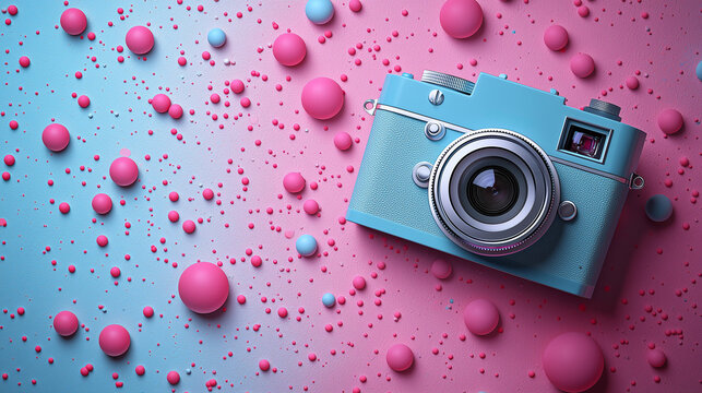 Vintage Camera in a Colorful Dream: A classic blue camera rests on a backdrop of vibrant pink and blue orbs, evoking a playful and nostalgic feel.  