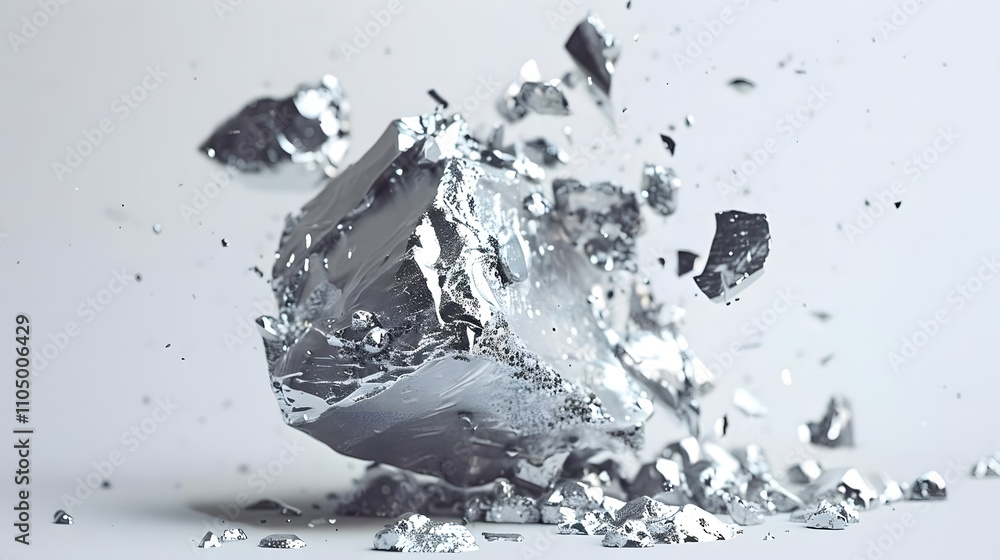Poster a shattered metallic object creating dynamic fragments against a light background.