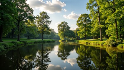 Obraz premium Tranquil park scene with sunlit trees and serene river reflection