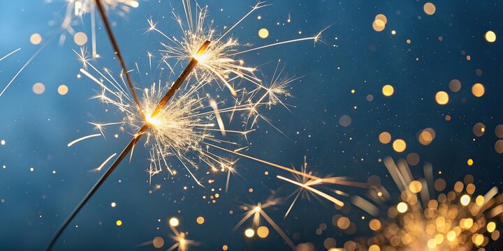 Close-up shot of sparkler sparks flying in a blue gold background, blue light, close-up photography, flying sparks, sparklers, sparklight