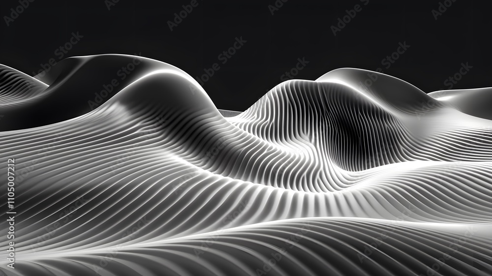 Poster abstract grayscale 3d rendering of undulating lines creating a landscape.