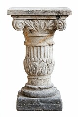 Fototapeta premium Ornate stone column, weathered, square base.