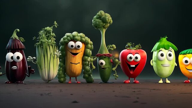 Whimsical harvest: funny 3D fruits, vegetables animated in a playful video clip, proper nutrition through vibrant characters, humorous antics that promote healthy eating in delightful way.
