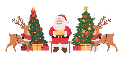 Santa Claus with reindeer and Christmas trees festive holiday scene gifts ornaments colorful design