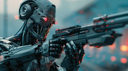 Fototapeta premium Cyborg soldier holding futuristic rifle cyberpunk style, AI generated image