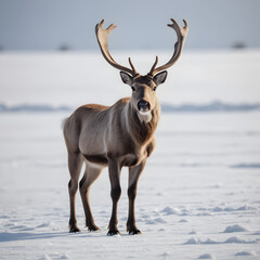 Obraz premium Majestic Reindeer in Winter Wonderland: A Solitary Caribou in a Snowy Landscape