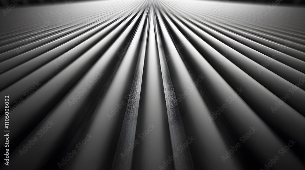 Poster abstract grayscale image of converging lines, resembling parallel pipes or pathways vanishing into t
