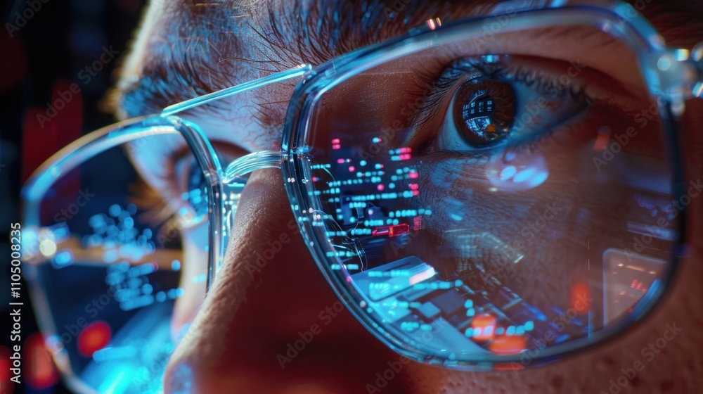 Poster reflection on glasses engineer checking ai technology, ai generated image
