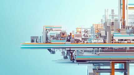 Obraz premium A PowerPoint title slide with a side view of a modern machine production line, highlighted by dynamic lines and soft gradients, suitable for a wide-format presentation.