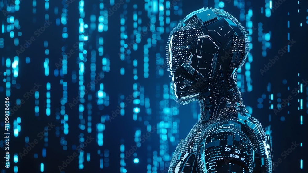 Poster a digital rendering of a humanoid robot with blue glowing lights.
