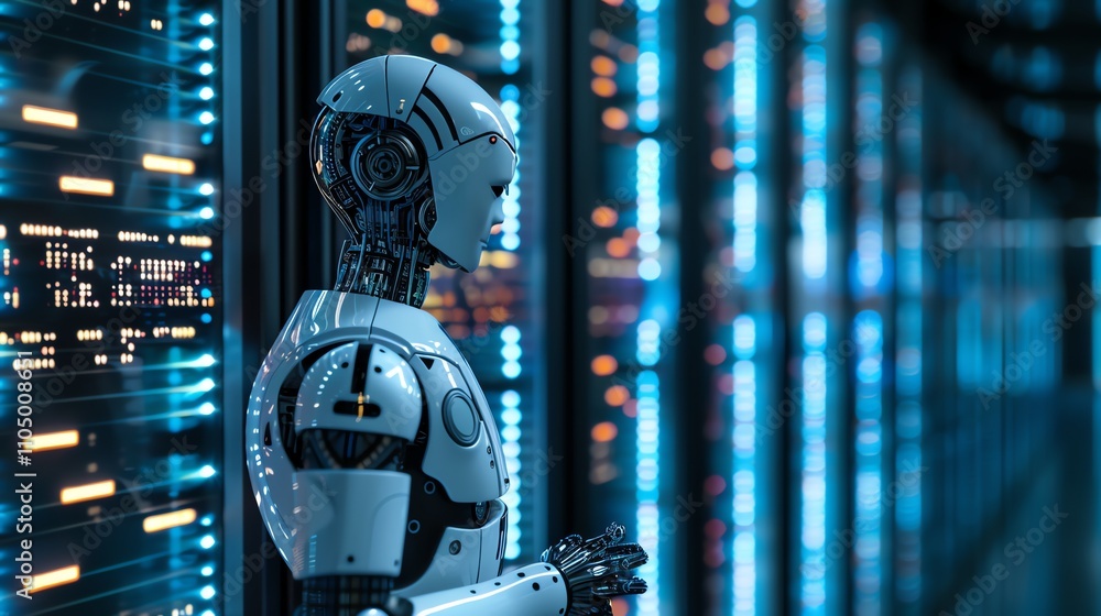 Poster a humanoid robot stands in front of a server rack with blue and orange lights.