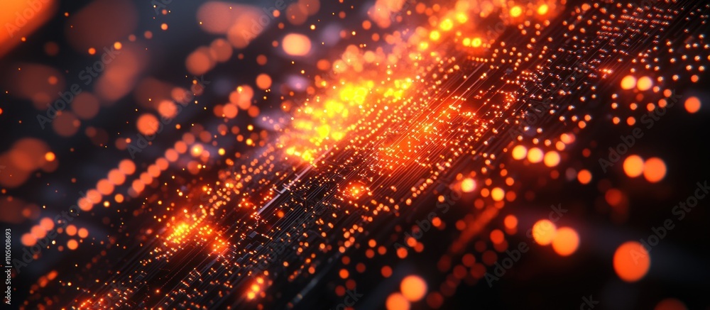 Poster abstract digital background with glowing orange particles and lines.