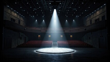 Darkened theater with single spotlight shining down center stage, dimly lit theater, spotlight beam, dramatic effect, lighting, center focus