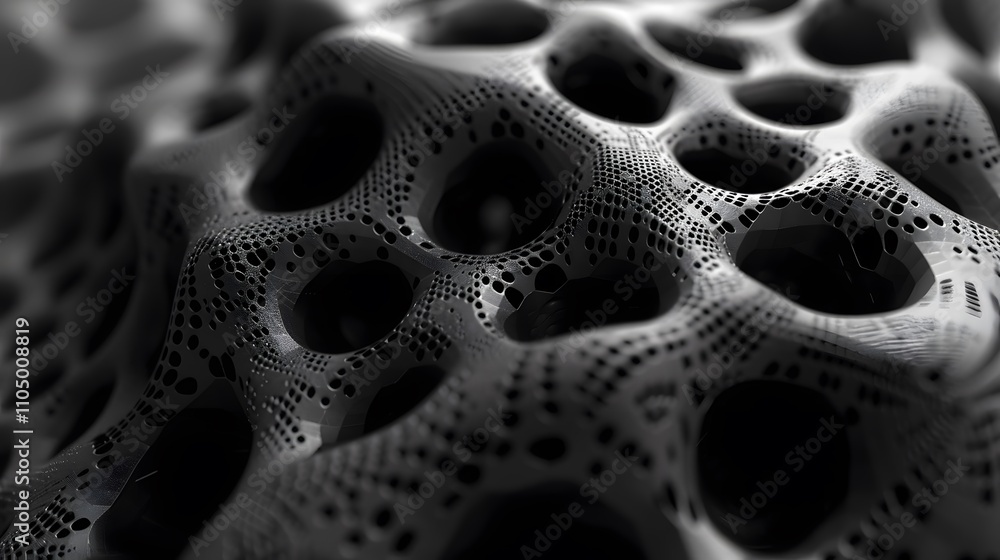 Poster abstract grayscale textured surface with porous, honeycomb-like structure.