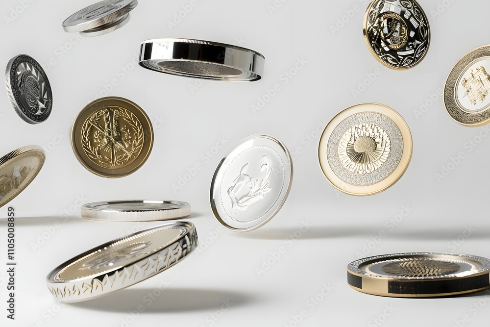 Poster a collection of floating coins showcasing intricate designs and textures.