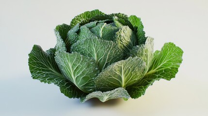 A realistic 3D cabbage with tightly packed leaves, rendered in vivid green shades and placed on a white background. The lighting emphasizes the fine details of the leaf structure.