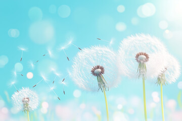 明るい青空を背景にたんぽぽの綿毛が風に舞う