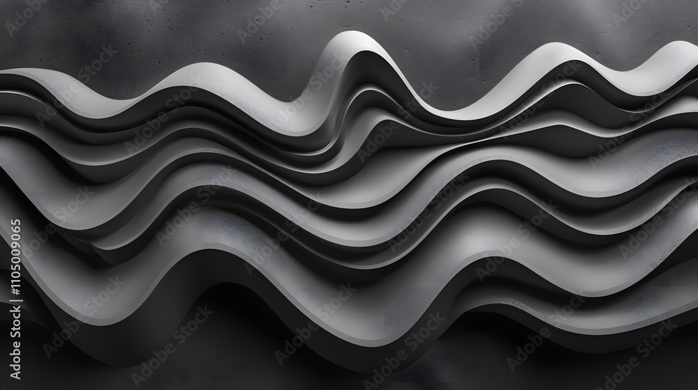 Poster abstract grayscale wave pattern, layered curves, flowing design.