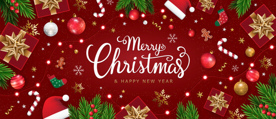 Merry Christmas and happy new year background. Christmas letters, Gift boxes, Christmas balls. Christmas element for web, banners, greeting card, template design. Vector EPS10.
