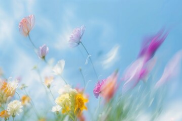 A photo of various flowers in pastel colors, dancing gracefully against the backdrop of a clear blue sky. The focus is on capturing motion and light effects as if through slow shutter photography.