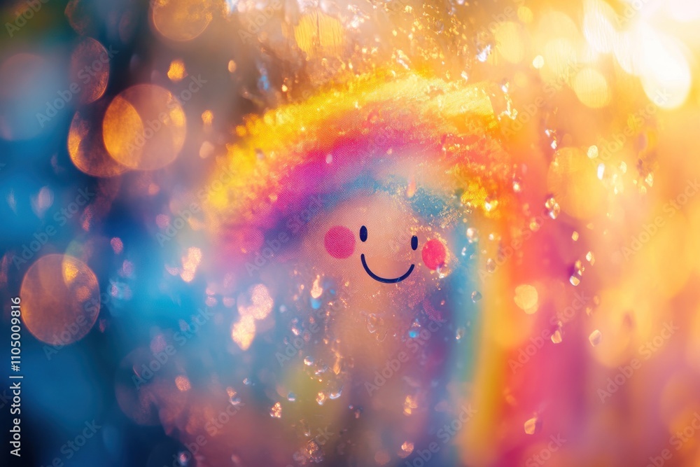Poster a smiling rainbow with raindrops and bokeh lights in the background.