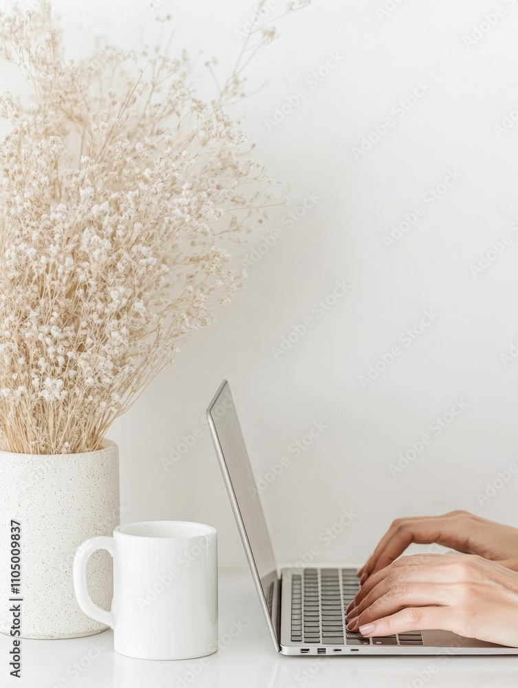 Poster modern workspace hands typing with coffee and tech accessories